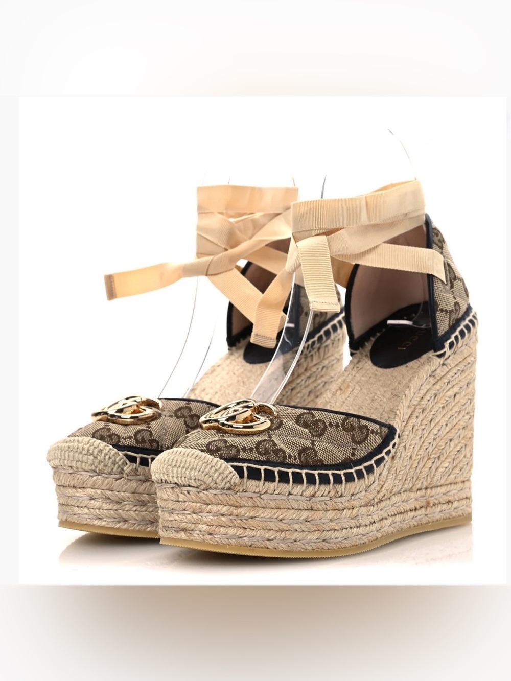 Gucci Beige Monogram Espadrille Wedge Sandals with Gold Logo